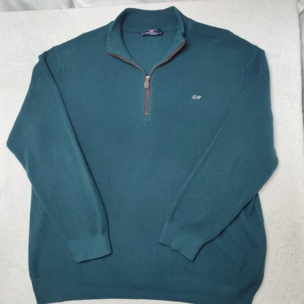 Vineyard Vines Sweater Mens 2XL Green Pullover 1/4 Zip Mock‎ Neck Waffle-Knit